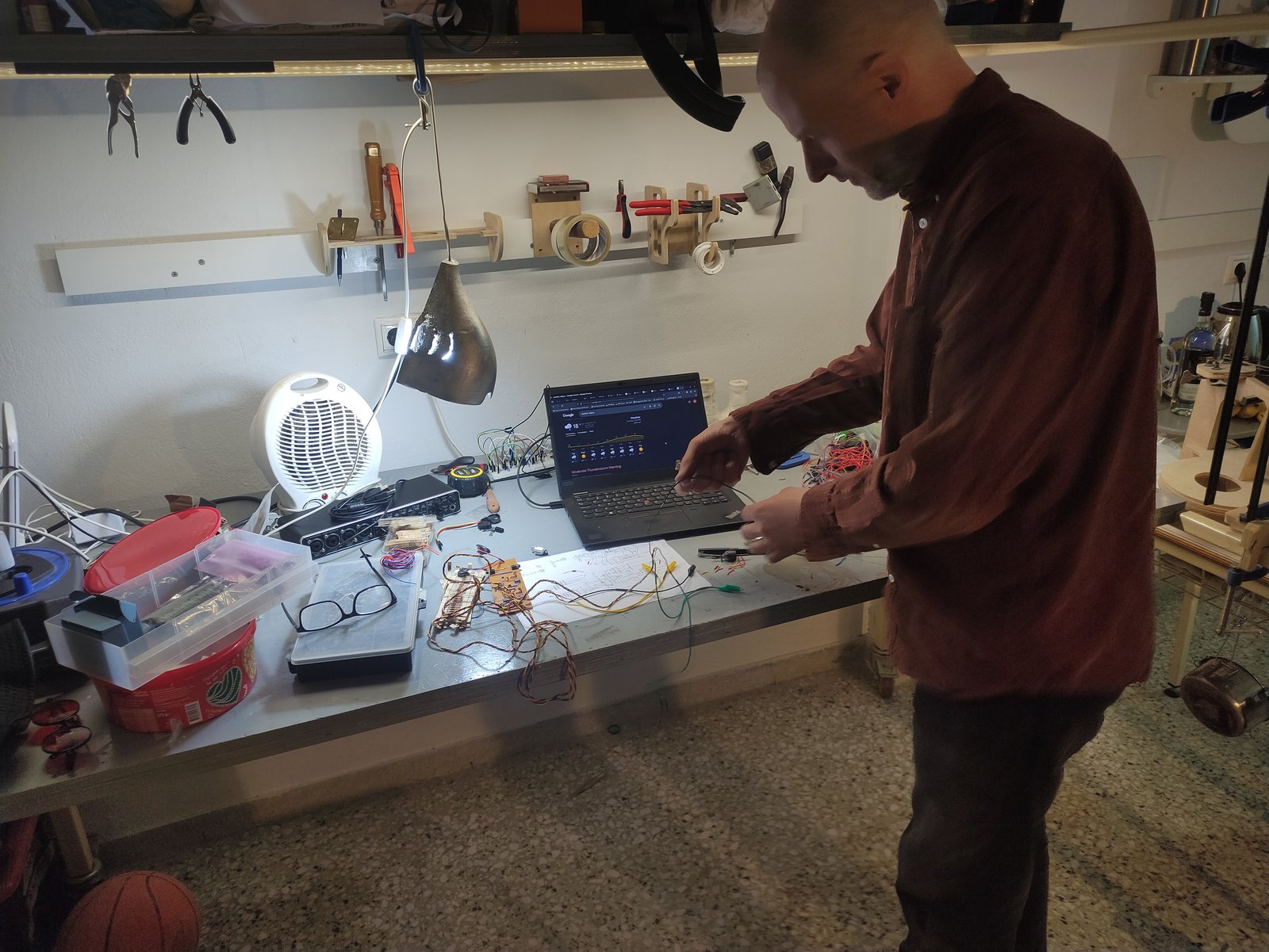 Working on the instrument at Halldór's studio, Athens